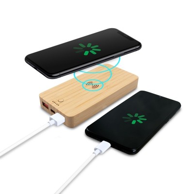 Bambusowy bezprzewodowy power bank 8000 mAh B`RIGHT, ładowarka bezprzewodowa 15W | Benson