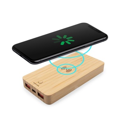 Bambusowy bezprzewodowy power bank 8000 mAh B`RIGHT, ładowarka bezprzewodowa 15W | Benson