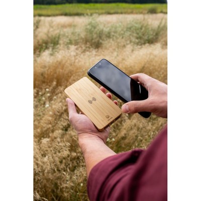 Bambusowy bezprzewodowy power bank 8000 mAh B`RIGHT, ładowarka bezprzewodowa 15W | Benson