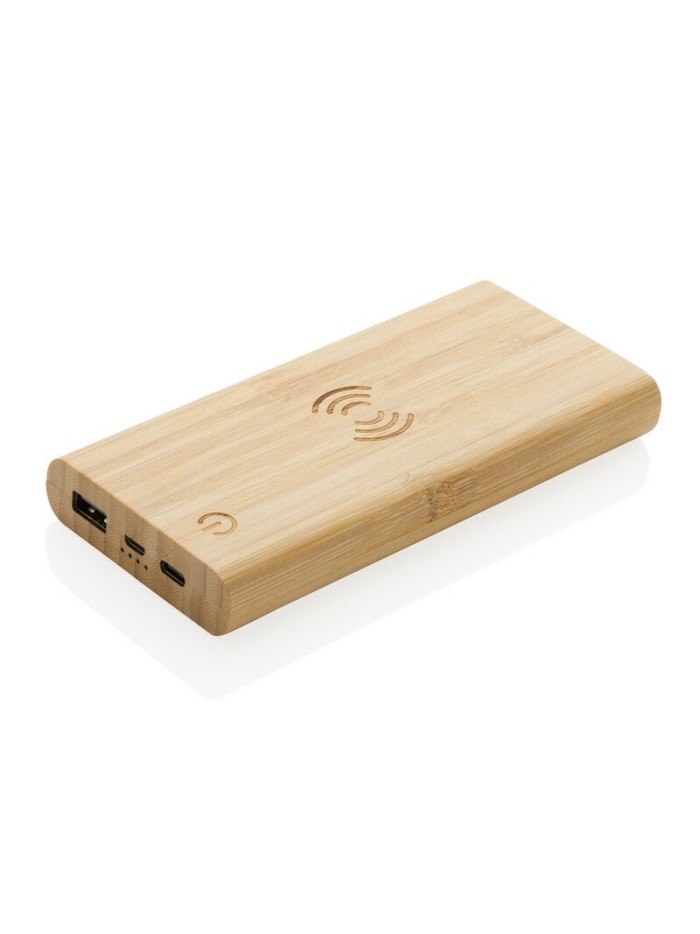 Bambusowy, bezprzewodowy power bank 8000 mAh, ładowarka bezprzewodowa 5W