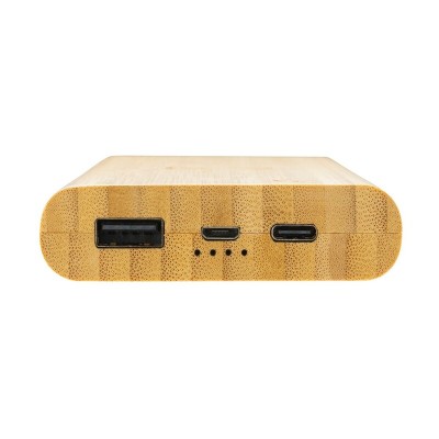 Bambusowy, bezprzewodowy power bank 8000 mAh, ładowarka bezprzewodowa 5W