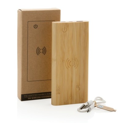 Bambusowy, bezprzewodowy power bank 8000 mAh, ładowarka bezprzewodowa 5W