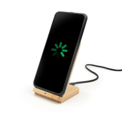 Bambusowa ładowarka bezprzewodowa 10W B'RIGHT, stojak na telefon