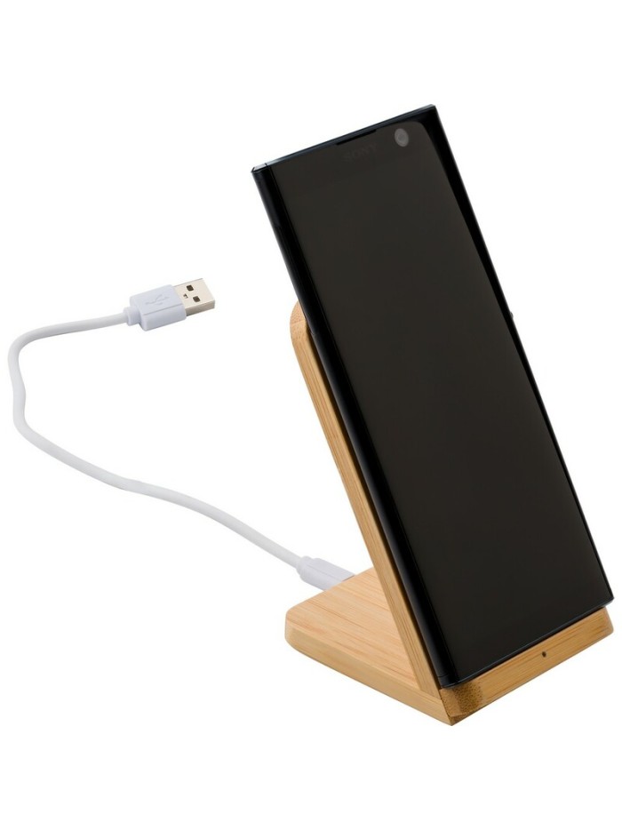 Bambusowa ładowarka bezprzewodowa 5W, stojak na telefon