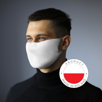 Zestaw w pudełku, butelka na płyn do dezynfekcji, maseczka wielokrotnego użytku z miejscem na filtr i jonami srebra